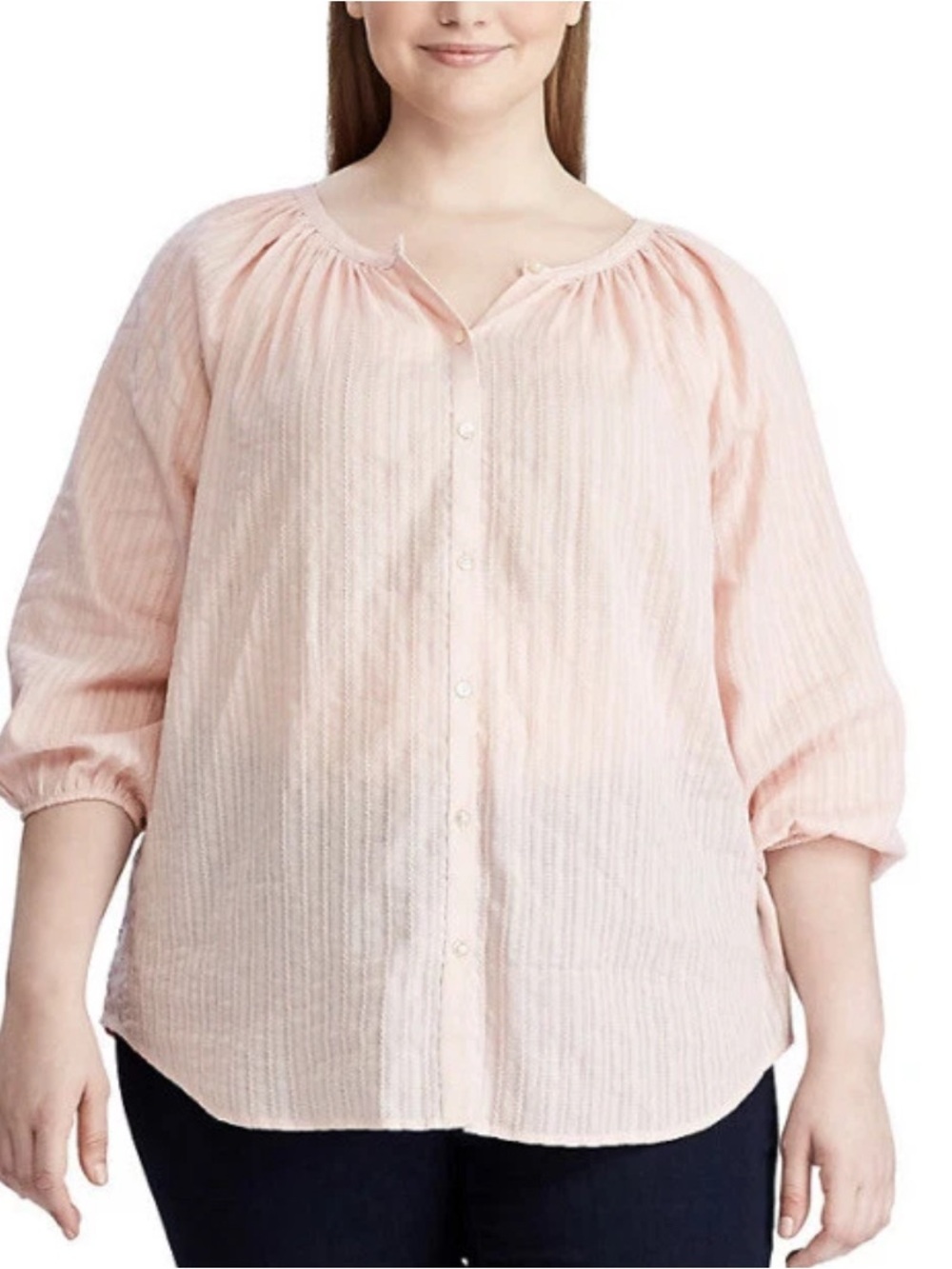 Chaps Pink Button-Front Vertical Textured Stripes Peasant Cotton Blouse Size 1X